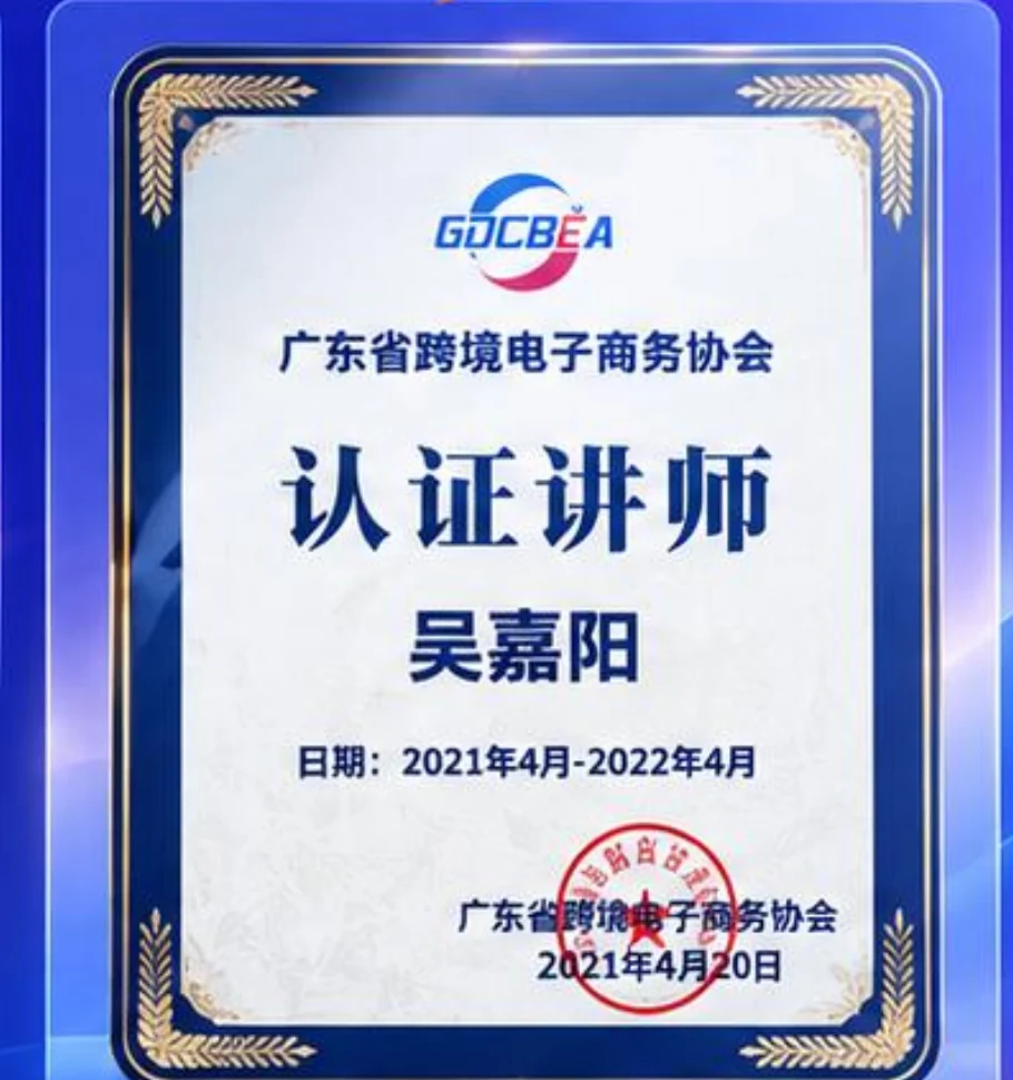 广东省跨境电子商务协会认证讲师证书